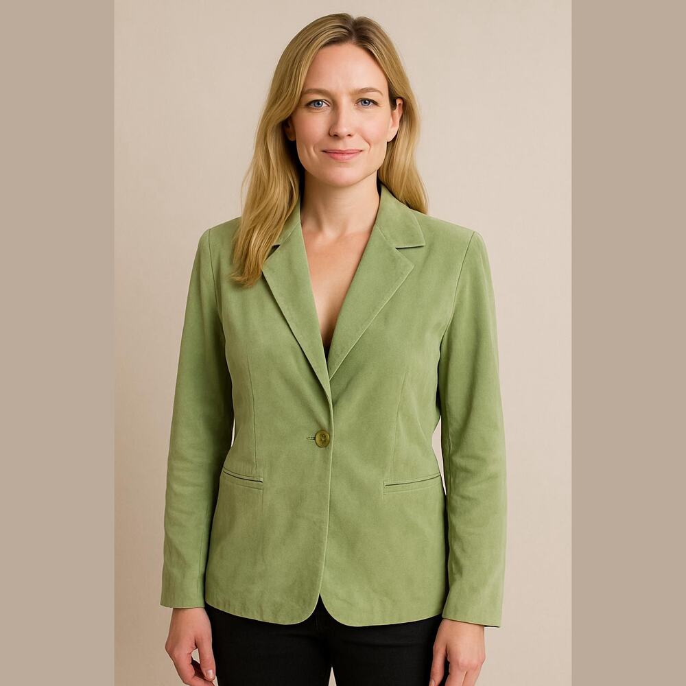 Denim & Co Light Green Suede Leather Lined Mid Length Jacket Coat L NWT